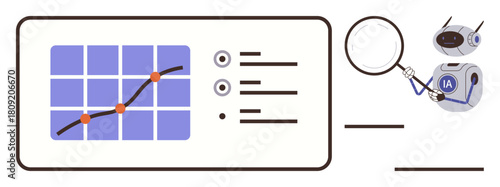 Robot using magnifying glass to examine data trends on graph with highlighted points and text. Ideal for data analysis, automation, technology, AI research, data science, innovation, simple flat