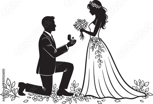 Man kneeling proposing to woman with flowers vector illustration on transparent