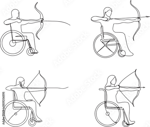 Set of Minimalist Continuous Line Drawing of Wheelchair Archer Aiming Bow and Arrow