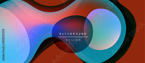 Abstract fluid shapes overlap, creating vibrant color gradients. Red, blue, pink hues blend seamlessly. Modern design element.