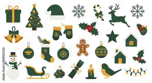Illustration of christmas themed elements including tree and ornaments