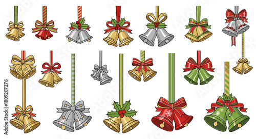 Assorted christmas bells with ribbons and holly decorations hanging down