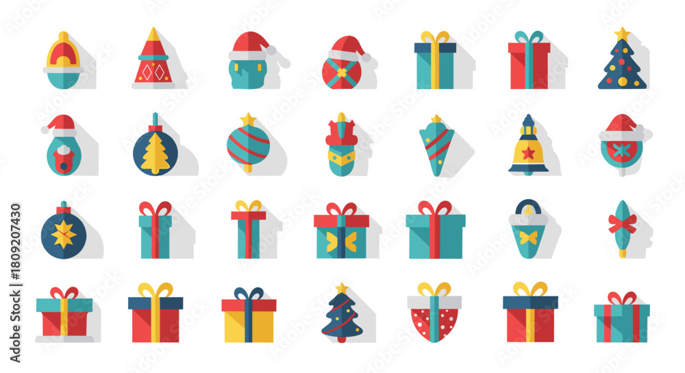 Fototapeta premium Display of christmas ornaments and gifts in a flat design arrangement
