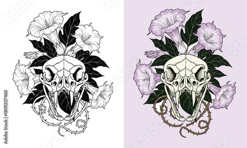 Snake Skull and Datura Flowers Engraving Graphic