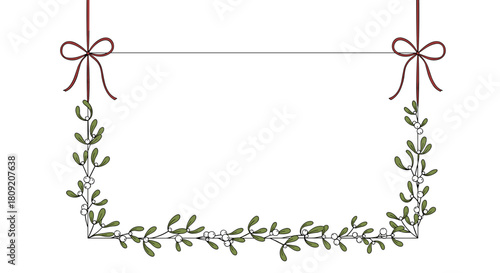 Hanging mistletoe frame with red bows on a white background for holiday