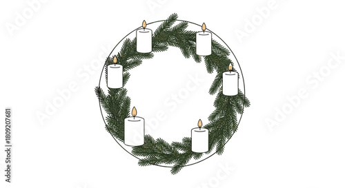Oval wreath with evergreen branches and six white candles with flames lit