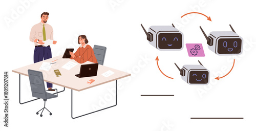 Two professionals collaborate at a desk with laptops while AI modules show data flow and automation. Ideal for business planning, technology integration, AI strategy, workplace productivity, future