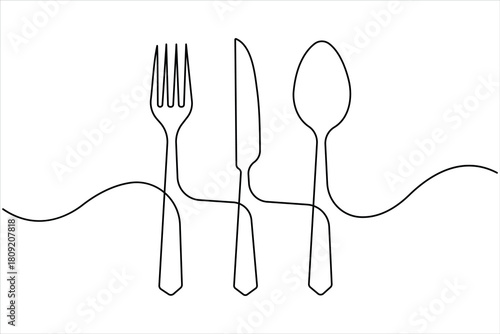 One continuous line art drawing of fork, spoon and knife design. Single line art of food tools for restaurant menu, poster or banner in linear minimalist design vector illustration
