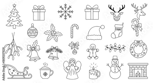 Outlined christmas elements including tree gifts and holiday decorations