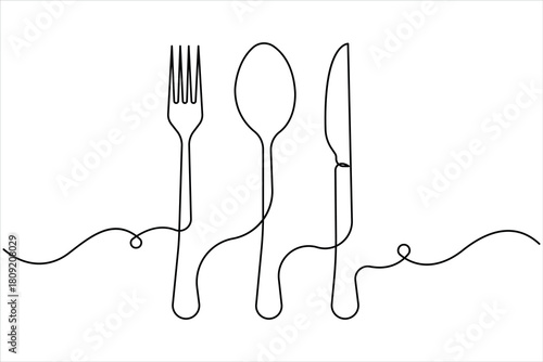 One continuous line art drawing of fork, spoon and knife design. Single line art of food tools for restaurant menu, poster or banner in linear minimalist design vector illustration
