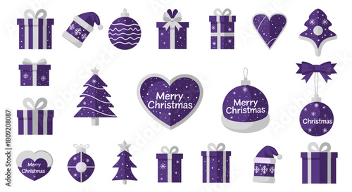 Illustration of christmas ornaments and gifts in purple and white color