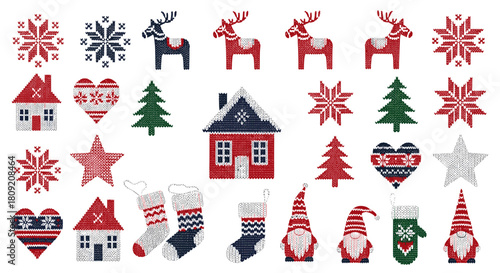 Collection of festive christmas themed knitted icons and illustrations