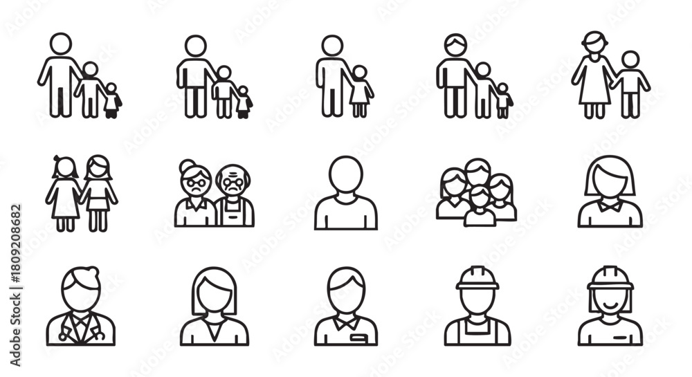 Fototapeta premium Icons depicting family relationships and professions with clear outlines