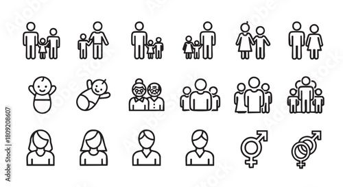 Icons of family and people of all ages outline illustration