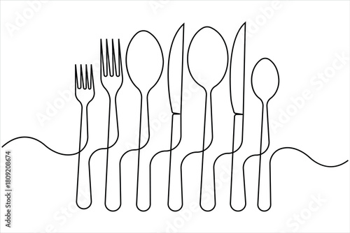 One continuous line art drawing of fork, spoon and knife  set design. Single line art of food tools for restaurant menu, poster or banner in linear minimalist design vector illustration