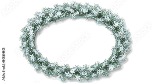 Circular christmas wreath with snowy pine needles on a white background