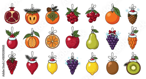 Collection of fruit ornaments including pomegranate orange and kiwi fruit