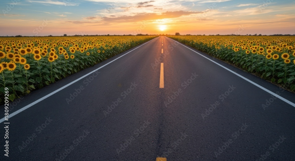 Fototapeta premium Sunset road through a sunflower field. A paved road stretches into a vast field of sunflowers at sunset.