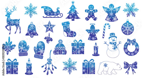 Collection of christmas themed objects in blue with snowflake patterns