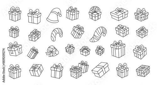 Outlined christmas gifts and santa hats arranged in a pattern design