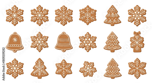 Assortment of christmas gingerbread cookies including trees bells and stars