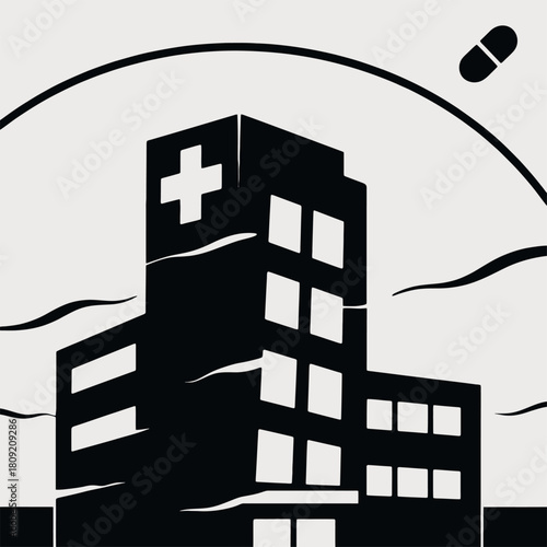 Modern Hospital Building Silhouette With Cross Symbol And Pill Icon In Monochrome Illustration