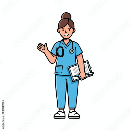 Friendly Female Nurse Cartoon Character in Blue Scrubs