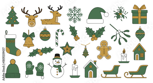 Collection of christmas themed clip art in green and gold color scheme