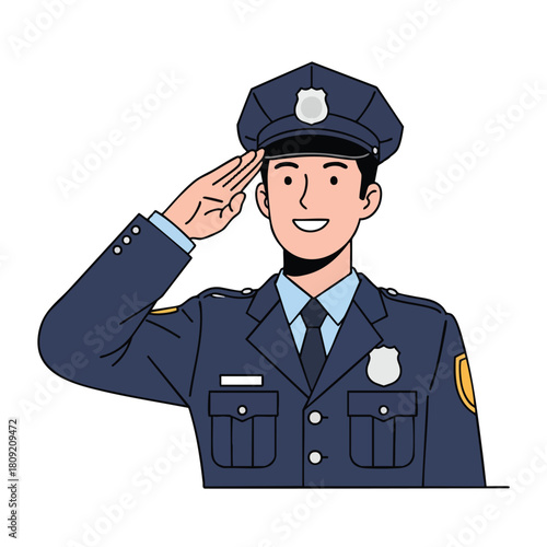 Smiling Police Officer Saluting Cartoon Illustration