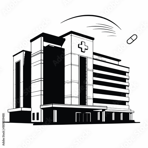A black and white minimalist illustration depicting a hospital building with a pill in the air. The building features a prominent cross symbol, and the capsule pill floats with motion lines 