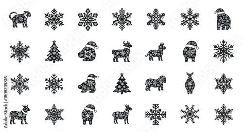 A set of christmas themed snowflake patterned animals and christmas trees
