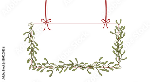 Hanging mistletoe frame with red ribbons on a white background design