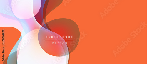 Abstract fluid shapes overlap, creating vibrant color gradients. Orange dominates right side, softer hues left. Minimalist design.