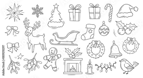 Illustration of christmas themed doodles including reindeer and gifts