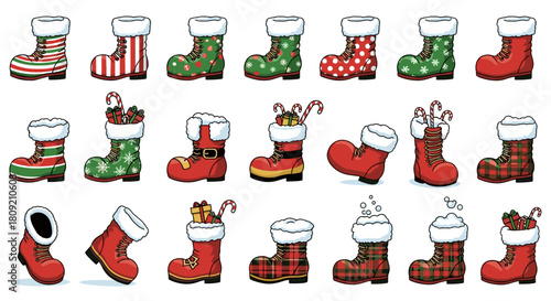 Collection of christmas boots with various patterns and decorations