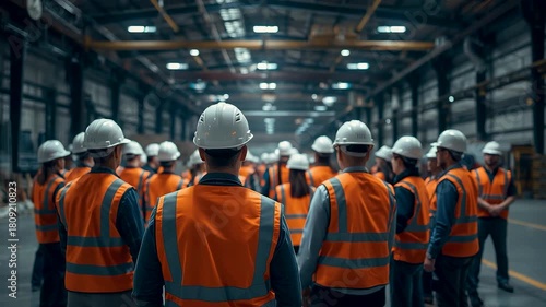 Large group of construction workers wearing safety vests and helmets gathered inside an industrial warehouse during a team briefing session