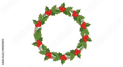 Oval shaped christmas wreath with holly leaves and red berries around it