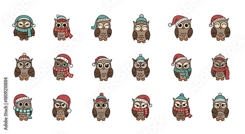 Collection of cartoon owls wearing winter hats and scarves in a pattern