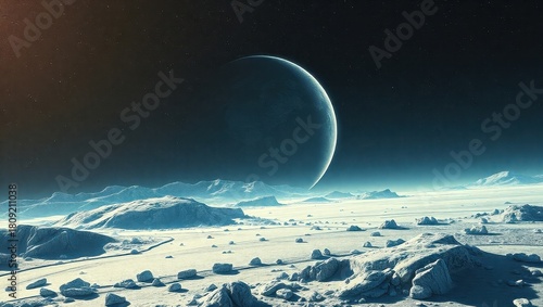 A view of a barren landscape with a moon in the distance