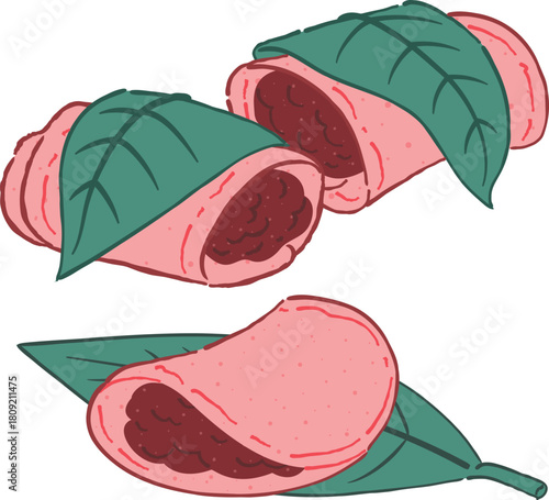 Sakura mochi roll with cherry leaf illustration
