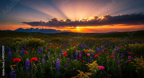 Fototapeta Naklejka Na Ścianę i Meble -  Colorful wildflowers bloom in a meadow at sunset with mountains in distance