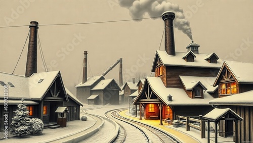 A painting of a snowy town with a train track in the foreground