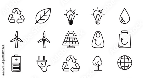 Line art icons representing renewable energy resources and environmental sustainability