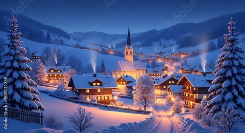 Winter wonderland village snow scene christmas landscape snowy mountain church holiday season scenic view