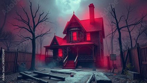 A creepy house in the middle of a dark forest with a full moon in the background