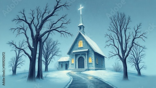 A painting of a church in the middle of a snowy field
