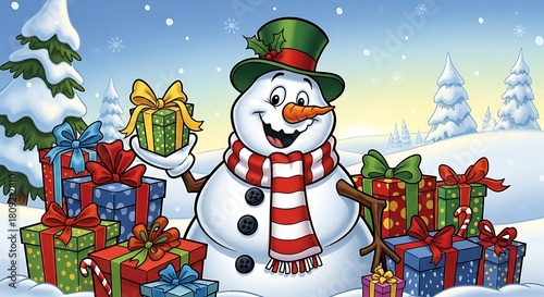 Snowman christmas winter holiday gifts presents snow cartoon illustration festive celebration december joy