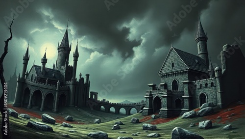 A castle in the middle of a dark sky with a full moon