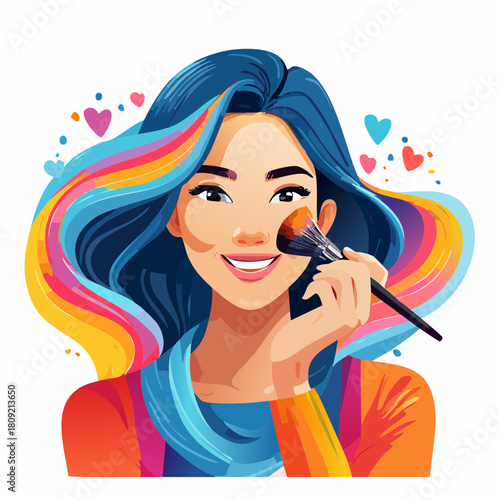 Radiant Girl Applying Makeup with Colorful Flair A Vibrant Artistic Illustration