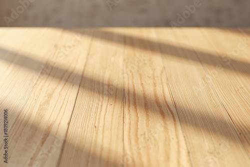 Light wooden tabletop with sunlight and soft shadow texture